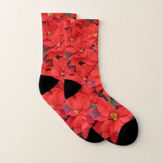 Red Poinsettias I Christmas Holiday Floral Photo Socks (Pair)