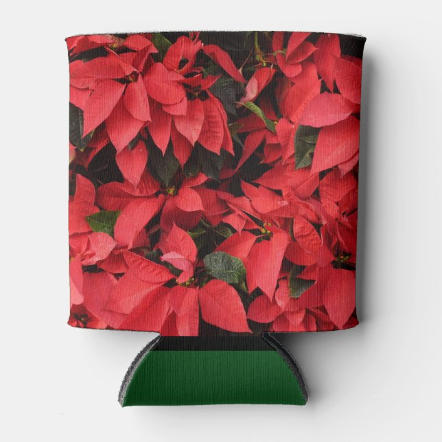 Red Poinsettias II Christmas Holiday Floral Can Cooler (Front)