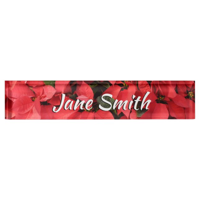 Red Poinsettias II Christmas Holiday Floral Nameplate (Front)