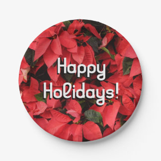 Red Poinsettias II Christmas Holiday Floral Paper Plate