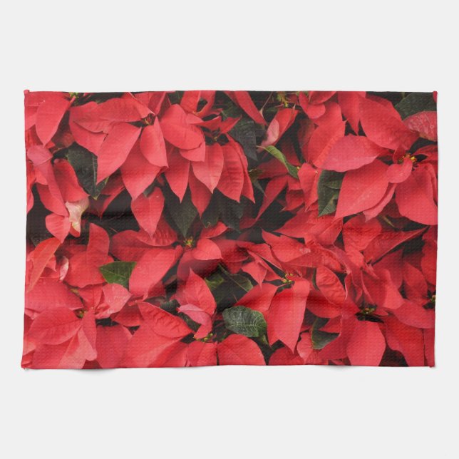 Red Poinsettias II Christmas Holiday Floral Tea Towel (Horizontal)