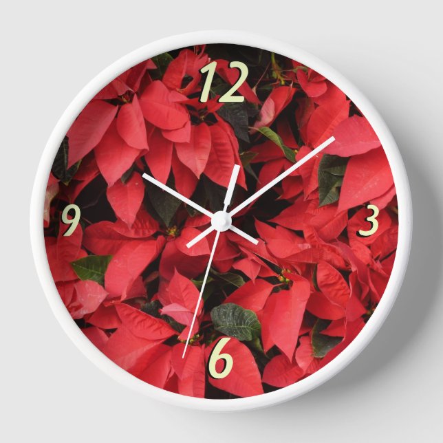 Red Poinsettias II Christmas Holiday Floral Wall Clock (Front)