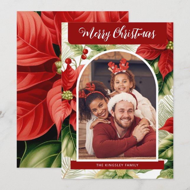 Red Poinsettias Merry Christmas Personalised Photo Holiday Card (Front/Back)