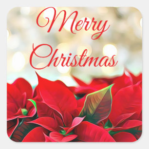 Red Poinsettias Merry Christmas Square Sticker