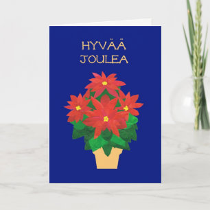 Red Poinsettias on Blue Finnish Language Greeting Holiday Card