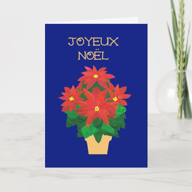 Red Poinsettias on Blue French Language Greeting Holiday Card (Front)