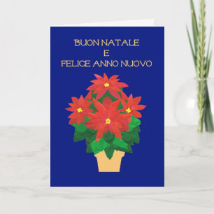 Red Poinsettias on Blue Italian Language Greeting Holiday Card