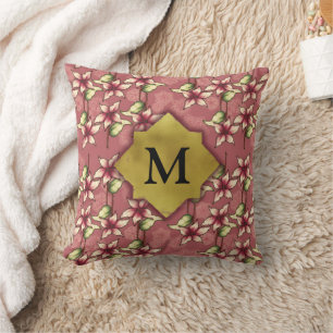 Red Poinsettias & Snowflakes Christmas Monogram Cushion