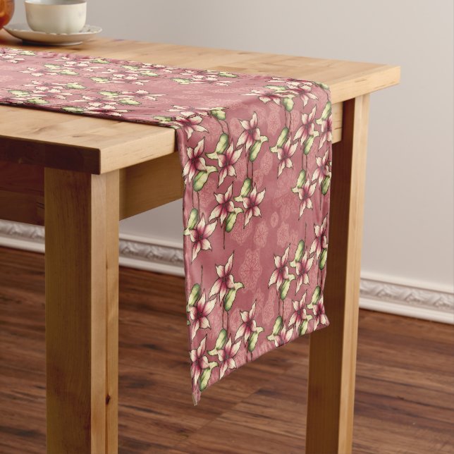 Red Poinsettias & Snowflakes Christmas Winter Short Table Runner (In Situ)