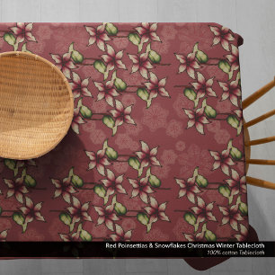 Red Poinsettias & Snowflakes Christmas Winter Tablecloth