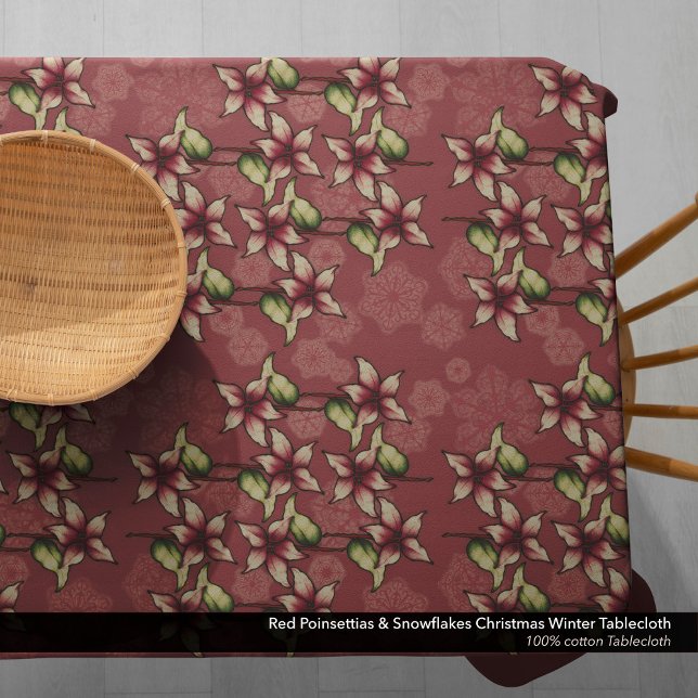 Red Poinsettias & Snowflakes Christmas Winter Tablecloth (Red Poinsettias & Snowflakes Christmas Tablecloth. Use this Lovely  Tablecloth All Winter Season.)