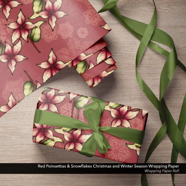 Red Poinsettias & Snowflakes Christmas Wrapping Paper (Red Poinsettias & Snowflakes Christmas and Winter Season Wrapping Paper Roll)