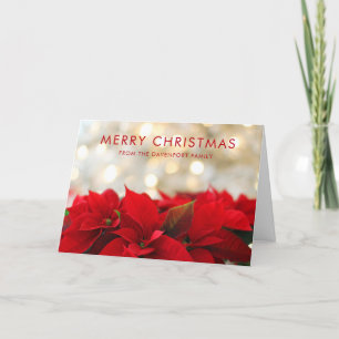 Red Poinsettias with Golden Bokeh Christmas Card