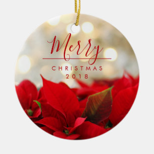 Red Poinsettias with Golden Bokeh Christmas Ceramic Tree Decoration