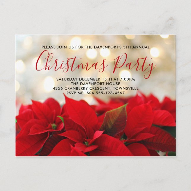 Red Poinsettias with Golden Bokeh Christmas Invite Postcard (Front)