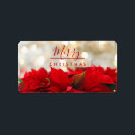 Red Poinsettias with Golden Bokeh Christmas Label<br><div class="desc">Labels with a festive holiday photograph featuring a bouquet of red poinsettias along the bottom. Shimmering golden bokeh lights in the background. Classy sophisticated  style. Merry Christmas typography written in a trendy red font.</div>