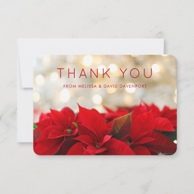 Red Poinsettias with Golden Bokeh Christmas Thanks Thank You Card (Front)