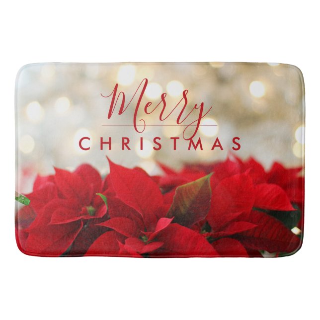 Red Poinsettias with Golden Bokeh Merry Christmas Bath Mat (Front)