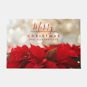 Red Poinsettias with Golden Bokeh Merry Christmas Doormat
