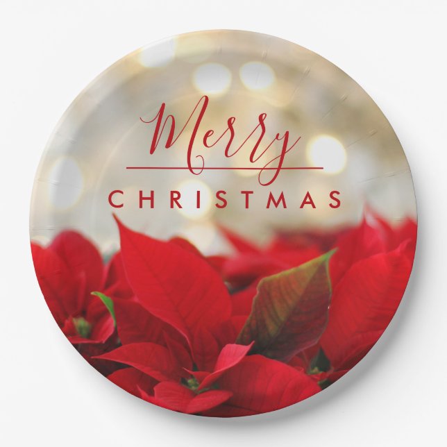 Red Poinsettias with Golden Bokeh Merry Christmas Paper Plate (Front)