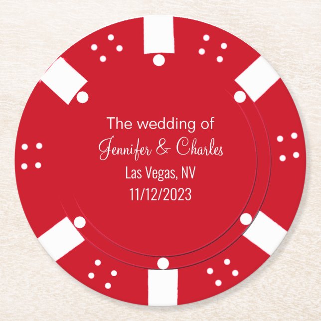 Red Poker Chip Casino Themed Wedding  Round Paper Coaster (Front)