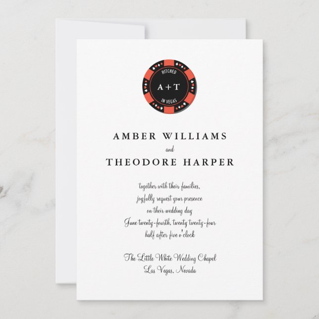 Red Poker Chip Monogram Vegas Wedding Invitation (Front)