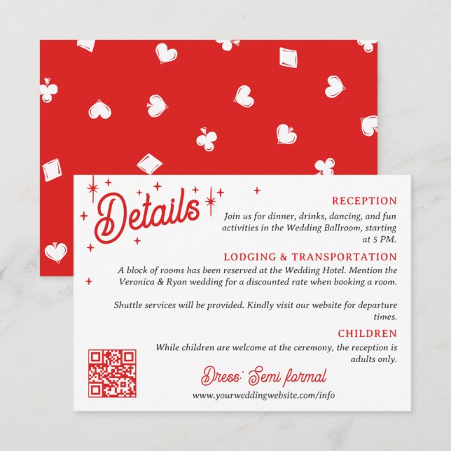 Red Poker Suit QR Code Wedding Details Enclosure Card (Front/Back)