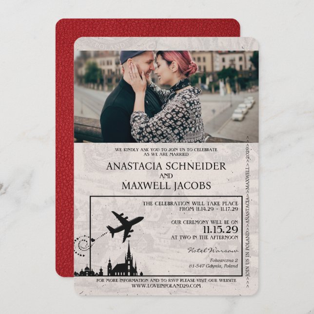 Red Poland Passport Wedding Invitation (Front/Back)