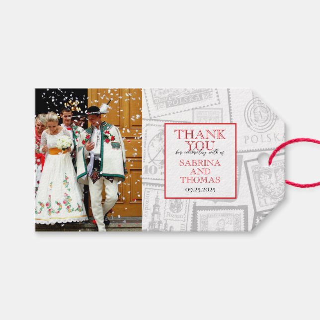 Red Poland Wedding Photo Gift Tags (Front (Horizontal))