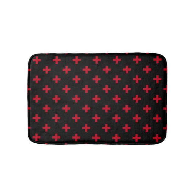 Red polka crosses on black bath mat (Front)