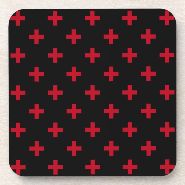 Red polka crosses on black coaster (Front)