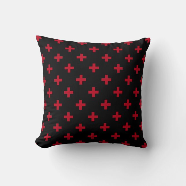 Red polka crosses on black cushion (Front)