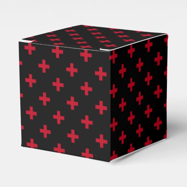 Red polka crosses on black favour box (Front Side)