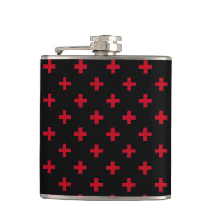 Red polka crosses on black hip flask