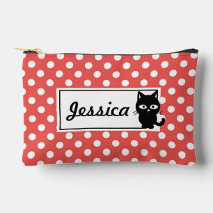 Red Polka Dot and Black Cat Personalised Accessory Pouch