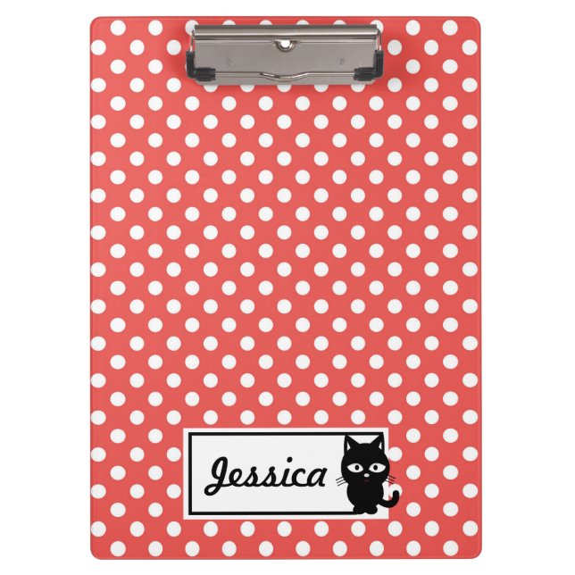 Red Polka Dot and Black Cat Personalised Clipboard (Front)