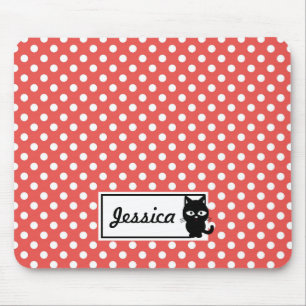 Red Polka Dot and Black Cat Personalised Mouse Pad