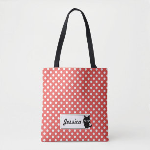 Red Polka Dot and Black Cat Personalised Tote Bag