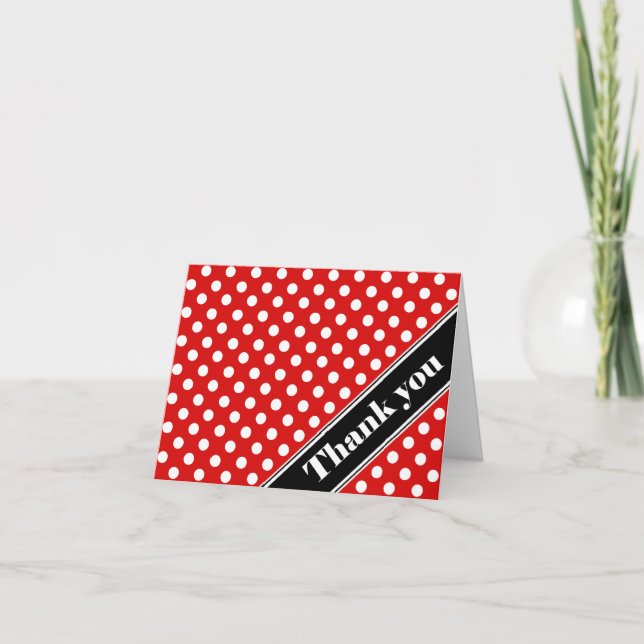 Red Polka Dot Black Stripe Thank You Cards (Front)