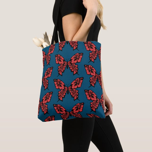 Red Polka Dot Butterfly Pattern on Blue Tote Bag (Close Up)