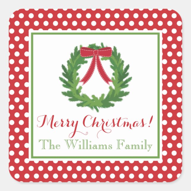 Red Polka Dot, Christmas Wreath Sticker (Front)