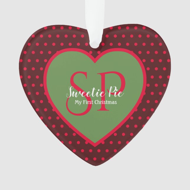Red Polka Dot First Christmas Holiday Heart Ornament (Front)