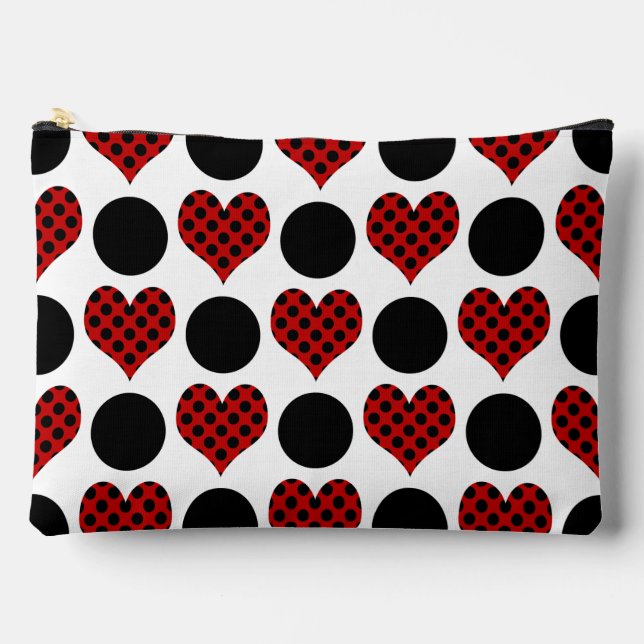 Red Polka Dot Hearts and Black Circles Pattern Accessory Pouch (Front)