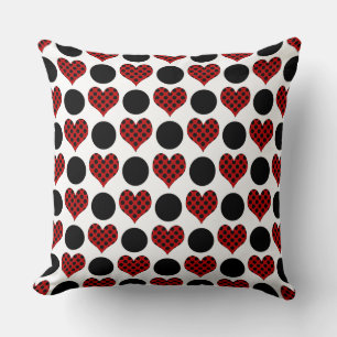 Red Polka Dot Hearts and Black Circles Pattern Cushion