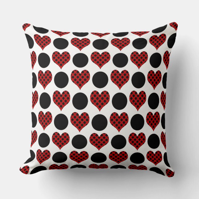 Red Polka Dot Hearts and Black Circles Pattern Cushion (Front)