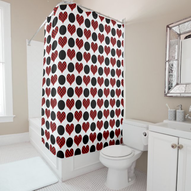 Red Polka Dot Hearts and Black Circles Pattern Shower Curtain (In Situ)