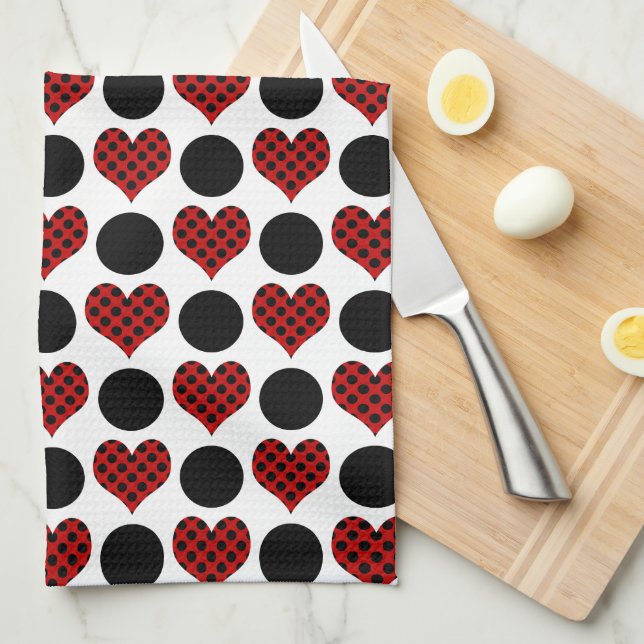 Red Polka Dot Hearts and Black Circles Pattern Tea Towel (Quarter Fold)