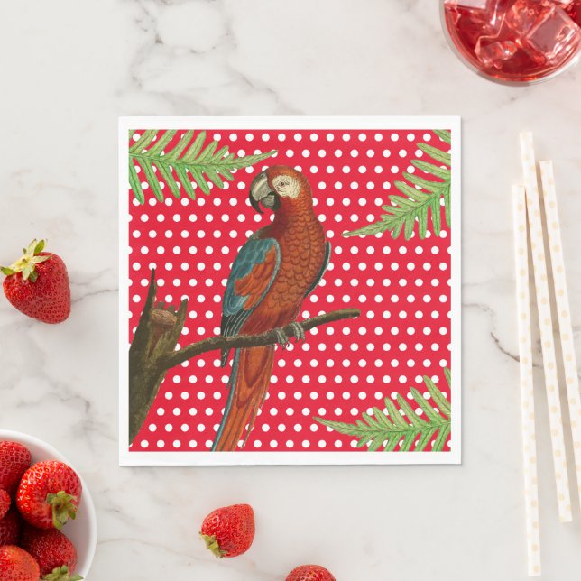 Red Polka Dot, Parrot and Fern Paper Napkins (Insitu)