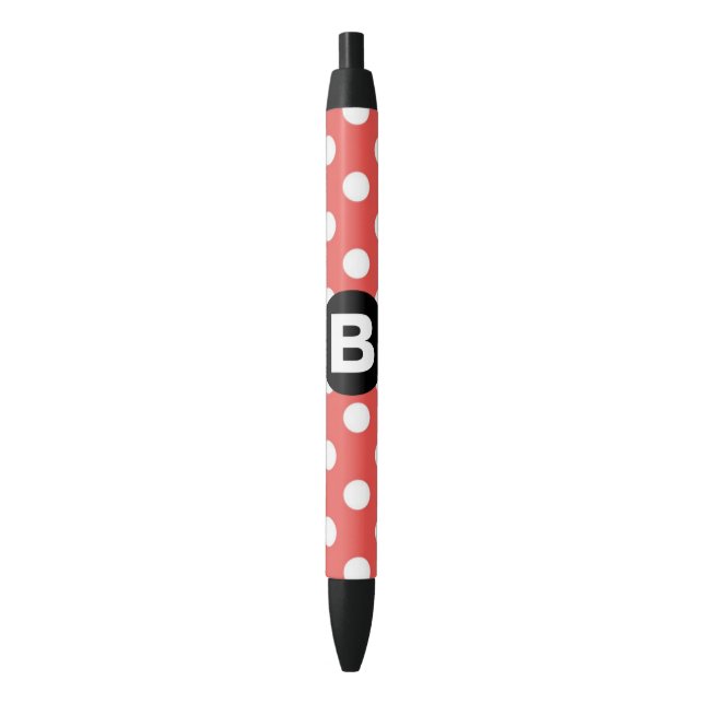 Red Polka Dot Pattern Black Monogram Black Ink Pen (Front Vertical)