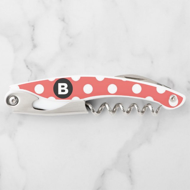 Red Polka Dot Pattern Black Monogram Corkscrew (Front)